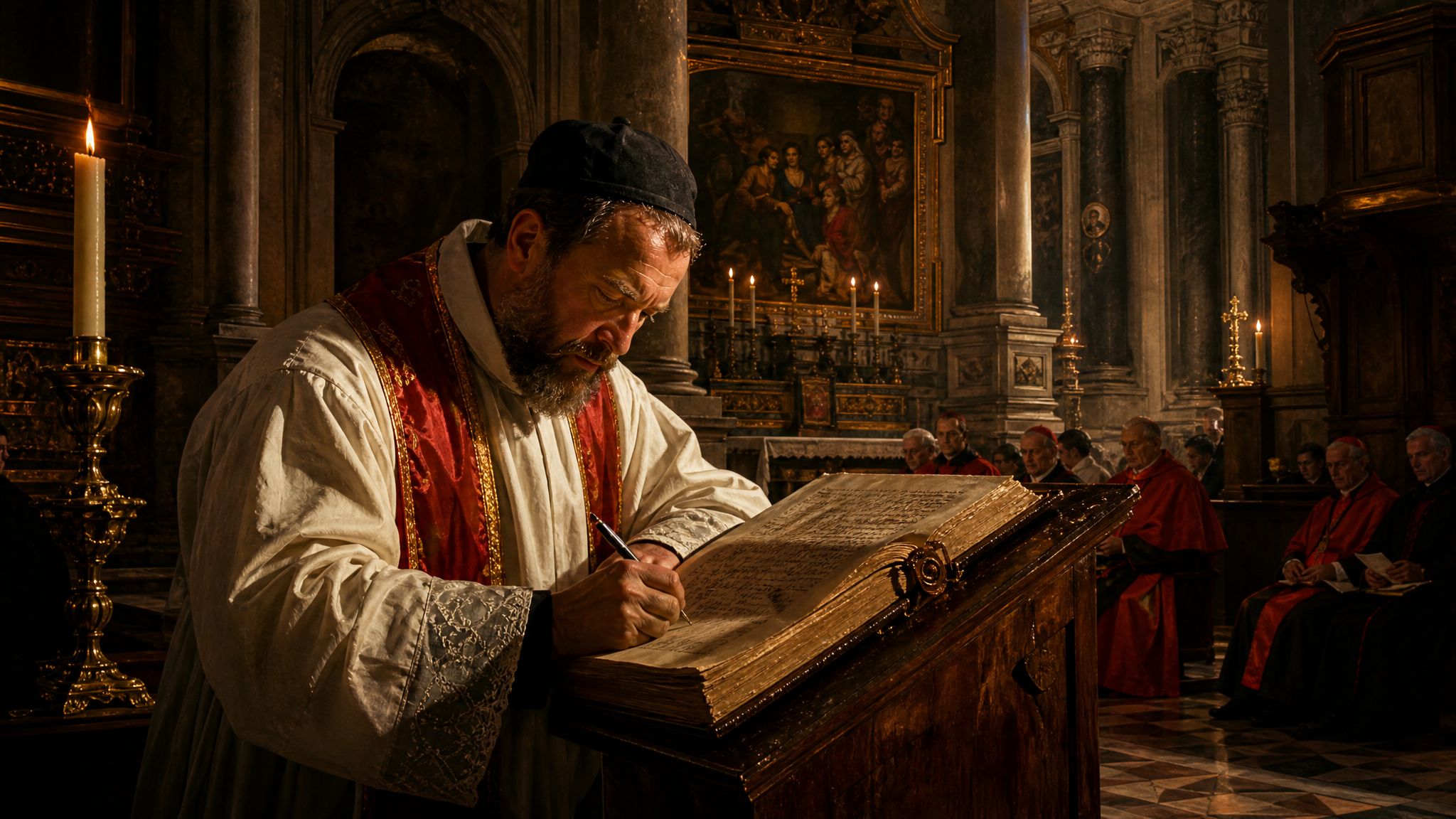 Chiesa rinascimentale con sacerdote che scrive nel registro parrocchiale