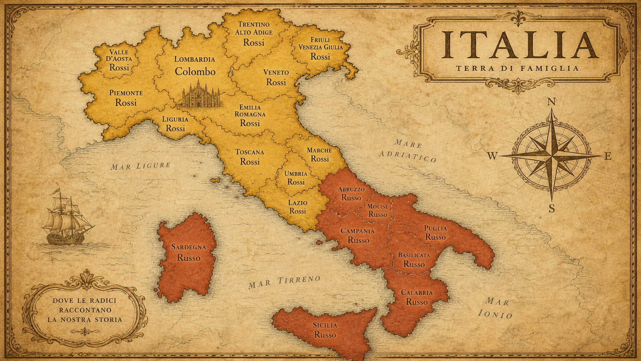 Mappa stilizzata dell'Italia con cognomi distribuiti per regione